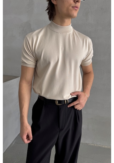 Erkek Oversize Yarım Balıkçı Triko T-shirt Bej