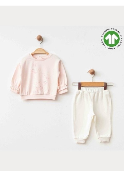 Zekids Kız Bebek Yıldız Tavşan Baskılı Organik Eşofman Takım-15475 Pudra