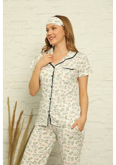 Akbeniz Kadın %100 Pamuk Önden Düğmeli Kısa Kol Pijama Takım 2842 - XL Ekru