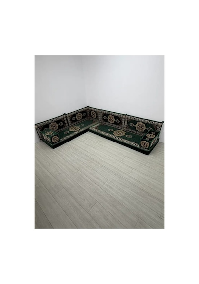 Güneş Modeli Yeşil Otantik Şark Köşesi Takımı L Set - Geleneksel Yer Minderi Seti 10 Cm Minder Kalınlığı 9 Parça