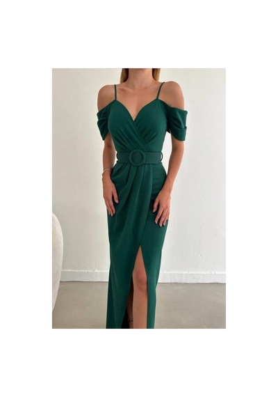 DefyModa Kadın Minimal Krep Kumaş V Yaka Yırtmaçlı Abiye Elbise Zümrüt