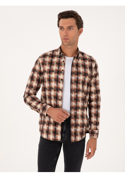 Cacharel Kiremit Slim Fit %100 Pamuk Desenli Gömlek Kırmızı