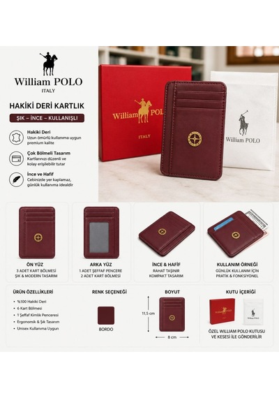 Williampolo Minimal Hakiki Deri Unisex Kartlık Bordo