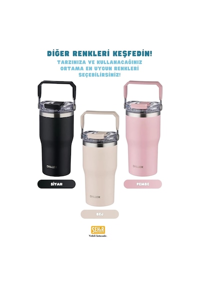 620ml Tumbler Pipetli/pipetsiz Kullanım Kulplu Paslanmaz Çelik Termos Bej