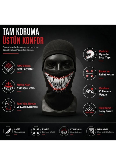 Womanandkids Wak Unisex Tam Yüz Balaklava Diş Desenli Kışlık Maske Nefes Alan Esnek Kask Altı Boyunluk Yumuşak Viskoz Siyah