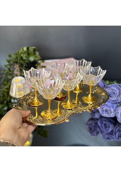 6'lı Gold Ayaklı Lotus Çiçeği Kahve Yanı Cam Lokumluk-gold Ayaklı Lotus Lokumluk Altın - Şeffaf