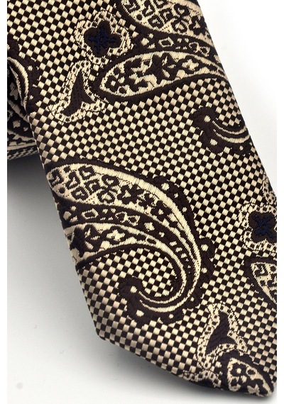 Gaffy Bej Şal Desenli Kahverengi Dokuma Kumaş Mendilli Slim Fit Kravat // Sdk-2606-4 Kahverengi