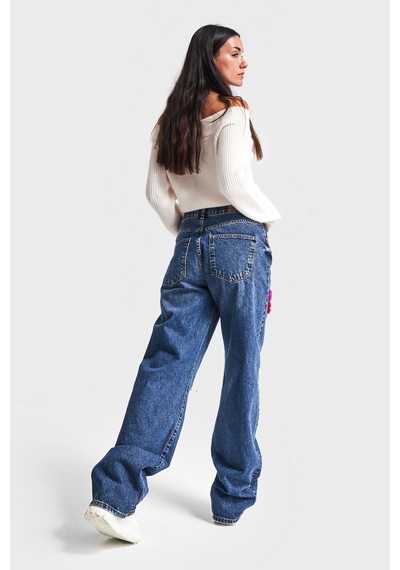 Itsbasic Kadın T.kot Rengi Etnik Gül Desenli Loose Fit Tasarım Denim Jean Motifli Tint