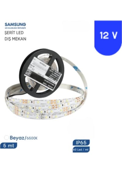 12 Volt 2835 Samsung 60 Led 6500 K Beyaz Dış Mekan 5 Metre Şerit Led Ip65