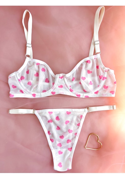 Arinda Lovely Pembe Kalp Desenli Tül Balenli Balenli Kapsız Nefes Alabilen Rahat Sütyen Tanga Alt Üst İç Çamaşırı Takımı 2 Parça Pembe - Ekru Arinda Lovely Pembe Kalp Desenli Tül Balenli Balenli Kapsız Nefes Alabilen Rahat Sütyen Tanga Alt Üst İç Çamaşırı Takımı 2 Parça Pembe - Ekru