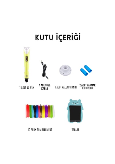 Sarı 3D Kalem 3D Pen Yazıcı Kalem | 50 Metre PLA Filament + Grafik Tablet + USB Kablo