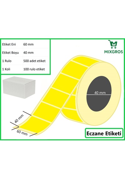 40x60 Termal Eczane Etiketi Sarı Zemin 1 Rulo: 500 Adet Etiket 1 Koli: 100 Rulo Etiket