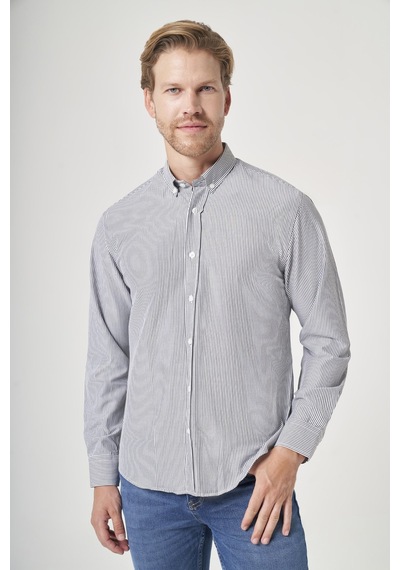 İmza Gri Düğmeli Yaka Uzun Kol Cepsiz Slim Fit Pamuklu Gömlek 1004260205 Beyaz - Siyah