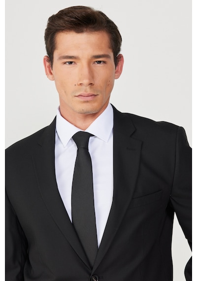Ac&co Erkek Sıyah Yünlü Slim Fit Mono Yaka Kapak Cepli Takım Elbise Siyah