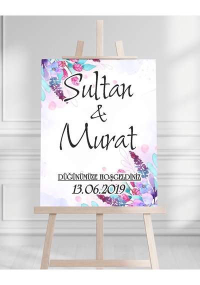 Söz Nişan Düğün İçin 50x70 Karşılama Panosu - Mor Renkli Çiçek Temalı Beyaz