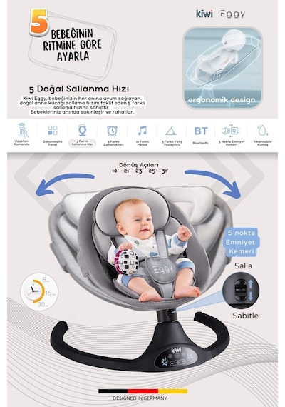 Kiwi Eggyone Elektrikli Otomatik Sallanan Bebek Ana Kucağı, 5 Farklı Sallanma Hızı, Oyuncaklı- Snow