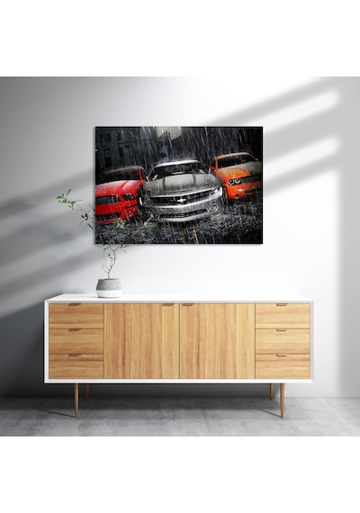 Cakasepetim Mustang Camaro Ve Dodge Araçlar Yağmur Altında Ahşap Mdf Tablo