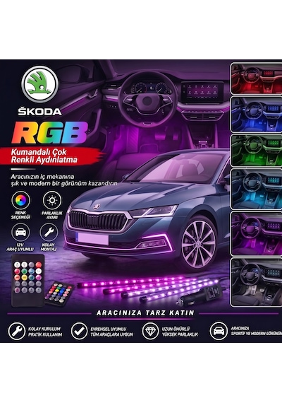 Skoda Octavia Ayak Altı Led Kumandalı Araç Içi Aydınlatma 4 Lü Sese Duyarlı Renk Değiştirme Özellikli