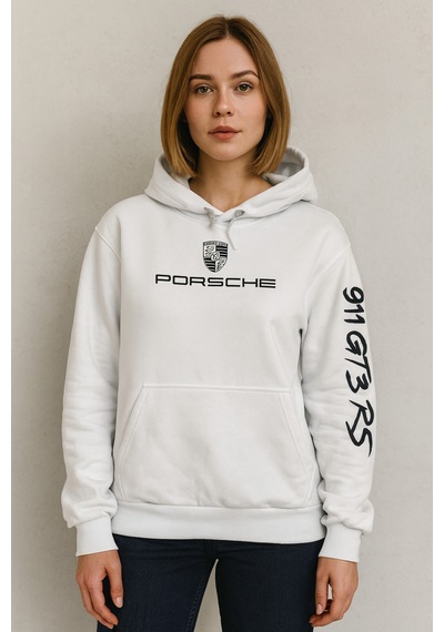 Hmo Store Unisex 911 Gt3 Rs Kapüşonlu Hoodie Beyaz Spor Tarz Beyaz