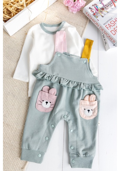Baby Mod Tavşan Fiğürlü100% Pamuk Kız Bebek Salopet 2'li Tulum Yeşil