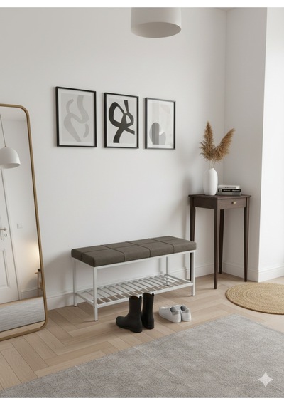 Özcan Metal Beyaz Metal Ayaklı Raflı Bench Puf Bank Antre Mutfak Salon Yatak Odası Puf Bank 105 40 Kahverengi