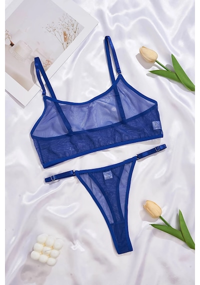 Angbutik Mavi Transparan Tül Bralet Tanga İç Giyim Takımı Tm1389