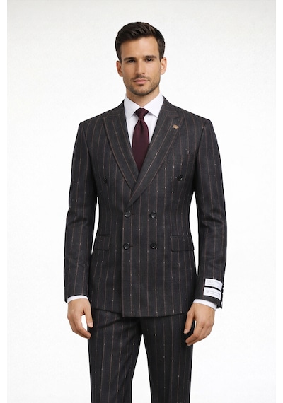Fabıo Cassel Çizgili Kruvaze Erkek Takım Elbise Slim Fit Füme