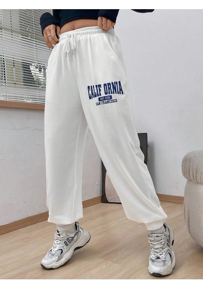 Letter Graphic Drawstring Waist Slant Pocket 4 Mevsim Eşofman Beyaz