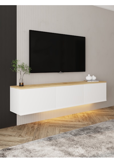 Neon Işıklı Duvara Monte Tv Ünitesi Beyaz - Safir Meşe Neon Işıklı Duvara Monte Tv Ünitesi Beyaz - Safir Meşe