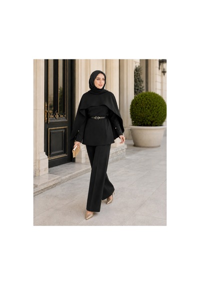 Unika Boutique Liya Pelerinli Tesettür Takım Siyah