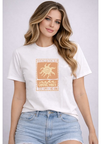 Herkesemoda Coastal Vibes Baskı Detaylı Basic T-shirt Beyaz