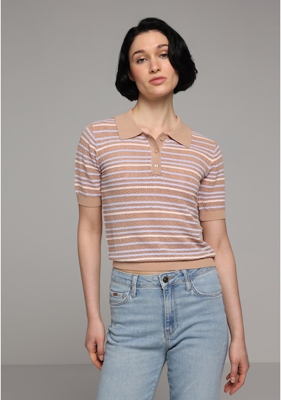 Colin's Colins Slim Fit Polo Yaka Çizgili Kadın Bej Kısa Kol Kazak Cl1078477 Q1.v2 Beı