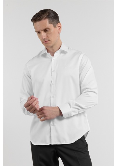 İmza Beyaz Saten İtalyan Yaka Uzun Kol Cepsiz Slim Fit Pamuk Gömlek 1004255231 S