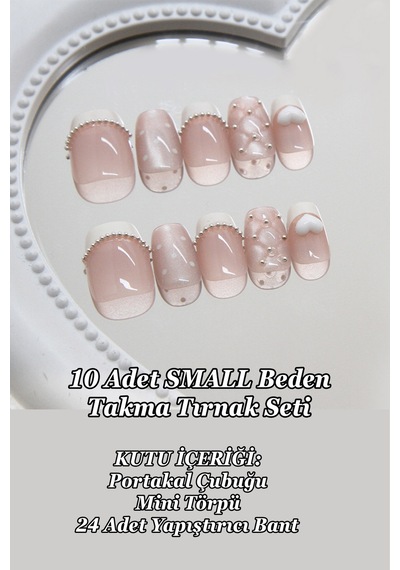 Small Beden Kısa Takma Tırnak 10 Adet Charm Taşlı Küt Tırnak T074 French Charm