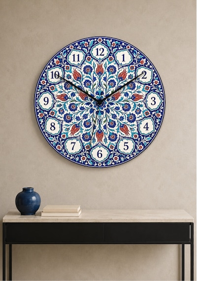 AA Shop Osmanlı İznik Çini Desenli Dekoratif Baskılı Ahşap Duvar Saati 45 Cm Sessiz Akar Mekanizma 883 Çoklu Renkli