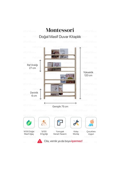 Duvar Kitaplığı Masif Ahşap Montessori Duvar Kitaplık Ahşap