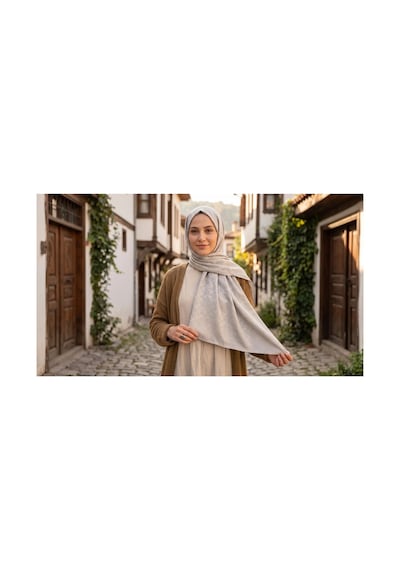 Nukra Pamuk Jakarlı Şal Halka Desen Kadın Tesettür Başörtüsü 70x190 Cm Kül