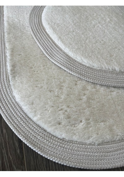 Melena Carpet Premium Kaymaz Taban Peluş Banyo Paspası Seti Jüt Kenar Detaylı 2 Li Oval Yuvarlak 100x60 60x60 Beyaz