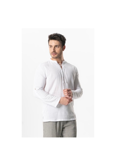 Uzun Kol Doruk V Yaka Bağcıklı Müslin Erkek Yazlık Tshirt Beyaz Byz Beyaz