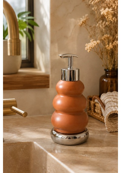 Trıo Dekoratif Premium 3 Boğumlu Sıvı Sabunluk 300 Ml Krom Görünümlü Pompalı Pastel Yeşil Banyo Ve Mutfak Sabun Dispenseri - 18,5 Cm X 7 Cm Turuncu