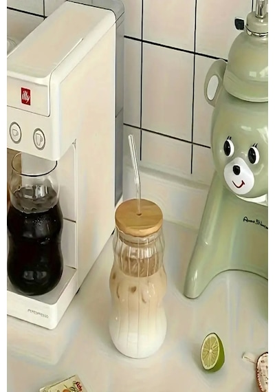 Bardak Kahve Kokteyl Sunum Bardağı 400ml 2li Sukabağı Latte Bardak Bambu Kapaklı İskandinav Cam Bambu