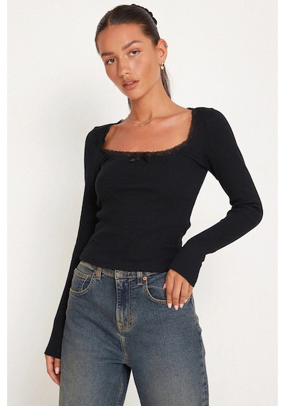 Kadın Siyah Kare Yaka Dantelli Uzun Kollu Crop Top Bluz
