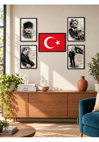 Türk Bayrağı Ve Atatürk 5 Li Mdf Tablo Seti 8 Mm 40 30 Cm Ve 20 30 Cm Ev Ofis Okul İşyeri 1