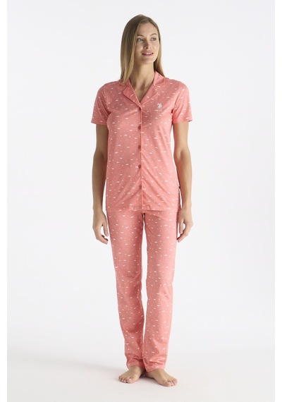 U.S. Polo Assn. U.s Polo Assn. 20233 Kadın Kısa Kollu Önden Düğmeli Pijama Takımı-somon