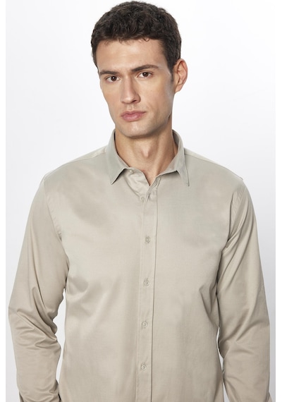 Tudors Erkek Slim Fit Dar Kesim Uzun Kollu Pamuklu Saten Taş Renk Gömlek-31395 Taş