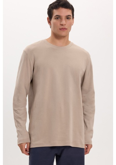 Tudors Unisex Relax Fit Rahat Kesim %100 Pamuk Uzun Kollu Bisiklet Yaka Haki Tişört-51287