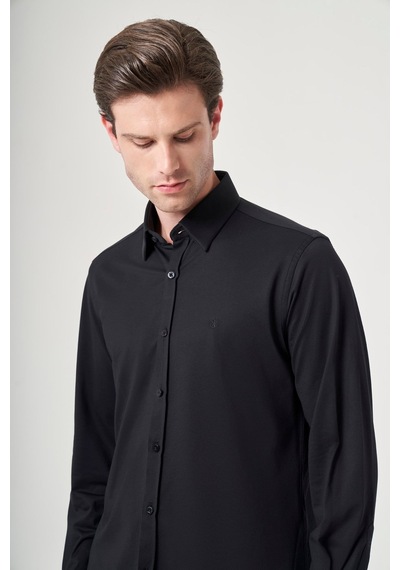 İmza Siyah Tulum Yaka Uzun Kol Cepsiz Örme Slim Fit Pamuklu Gömlek 1004260208