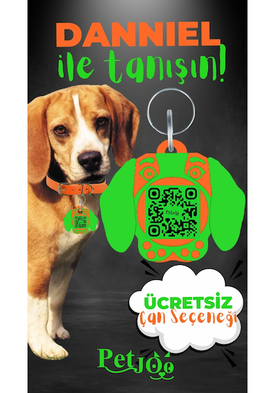Petjoo 21.Danniel Yeşil-Turuncu Qr'lı Köpek Künyesi