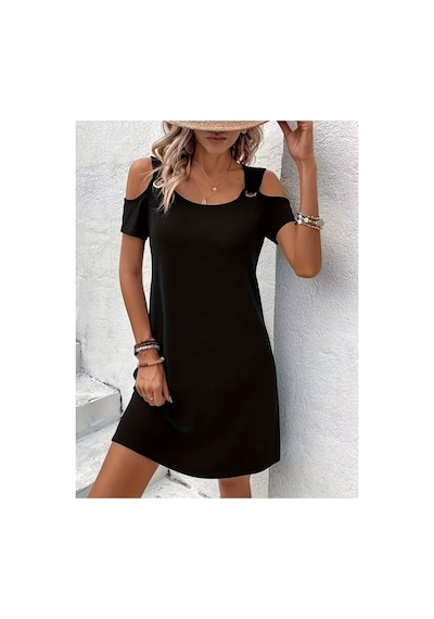 Butik İstanbul Kadın Kısa Kollu Omuzlardan Açık Kuş Gözü Detaylı Mini Viskon Elbise Siyah