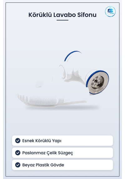 Körüklü Lavabo Sifonu Paslanmaz Çelik Süzgeçli Esnek Beyaz Plasti